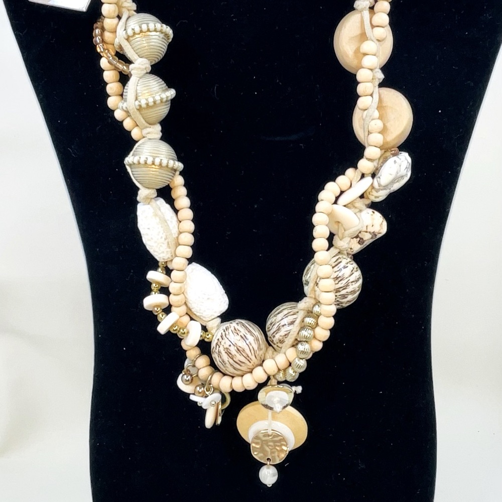 Treska Necklace NEW with tag Wood Bead Rock Shell Style 17” - 20” Funky